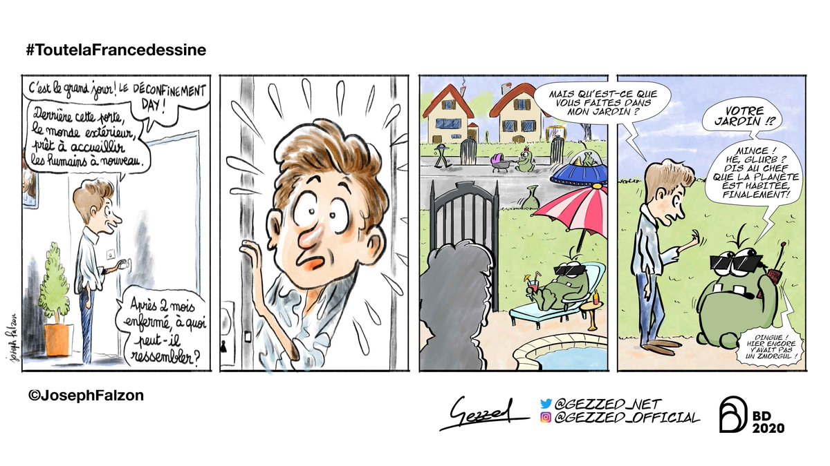 gezzed_net's tweet photo. Sixième volet de #Toutelafrancedessine @2020annéeBD
Spéciale #deconfinement, sur la base des 2 cases de @JosephFalzonBD
Il n'y avait personne... les Glormoxiens se sont installés !
@2020anneeBd  #CultureChezNous #Glormox #squat #11mai2020 #11mai https://t.co/3nfqSxsCTt