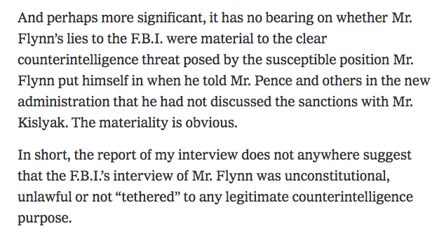 6/ Note that, even in focusing—rightly—on the national security threat Flynn posed due to his actions, and in calling—rightly—the odds of a Logan Act prosecution "quite low," McCord does not claim (as no one could) that there was not *also* a basis for a criminal *investigation*.