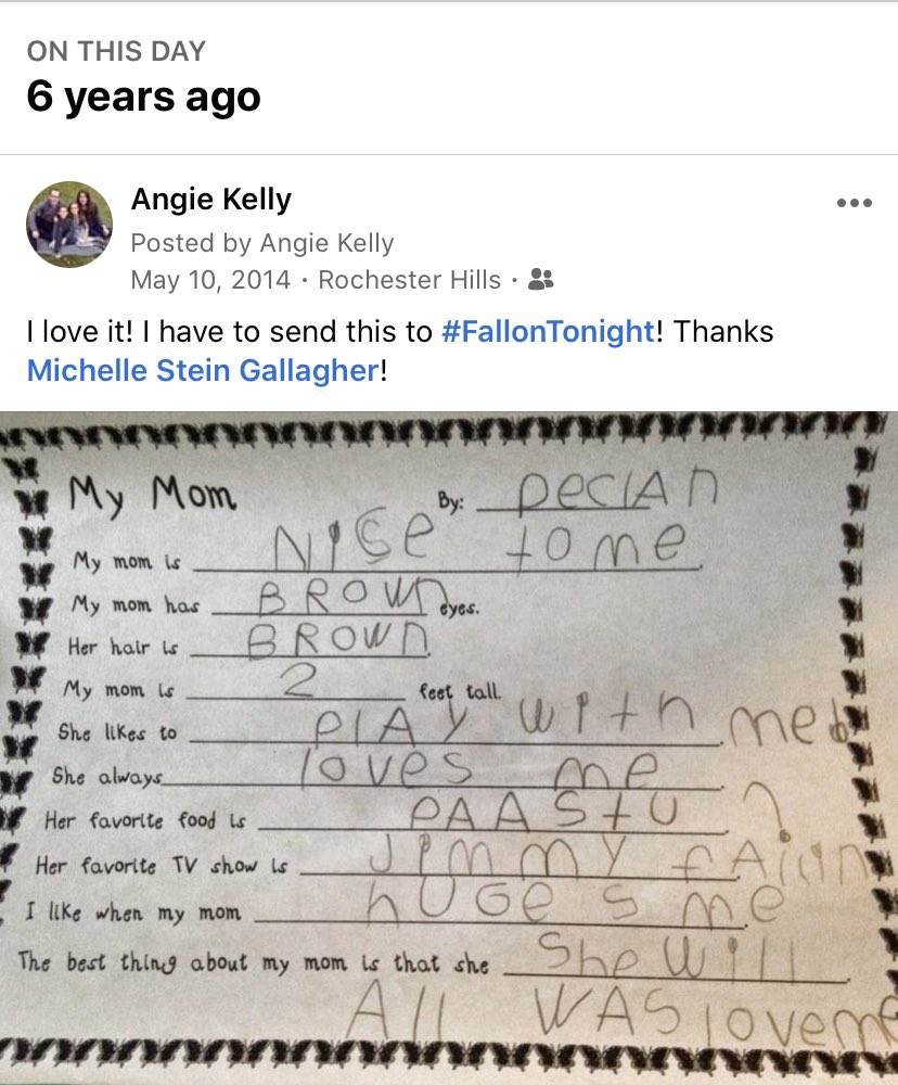 Angie__Kelly's tweet photo. @FallonTonight @jimmyfallon, this was my homemade Mother’s Day card in May 2014 when you had just started @FallonTonight. Our 5 year old knew your show was the best and included it on my card! #FallonAtHome https://t.co/SWZuMugyYh