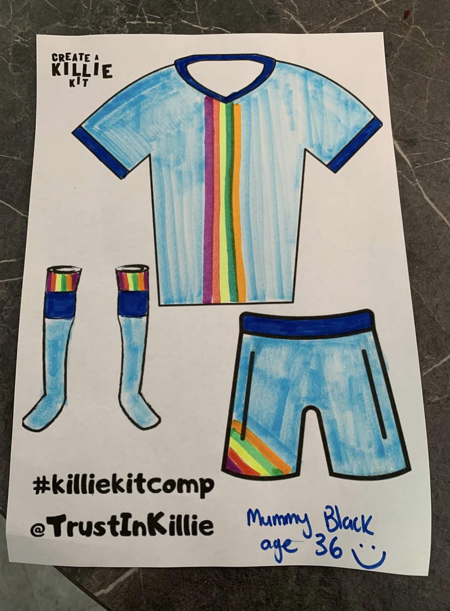 KillieTrust's tweet photo. It’s a family effort in the Black household! 👨👨👦👦
Terrific designs from the boys aged 7, 4 and 2 and well done to Mummy and Daddy Black on their super designs! Well done! 😁💙⚽️ #killiekitcomp https://t.co/oRqSKuh9MU