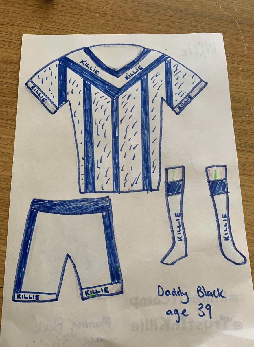 KillieTrust's tweet photo. It’s a family effort in the Black household! 👨👨👦👦
Terrific designs from the boys aged 7, 4 and 2 and well done to Mummy and Daddy Black on their super designs! Well done! 😁💙⚽️ #killiekitcomp https://t.co/oRqSKuh9MU