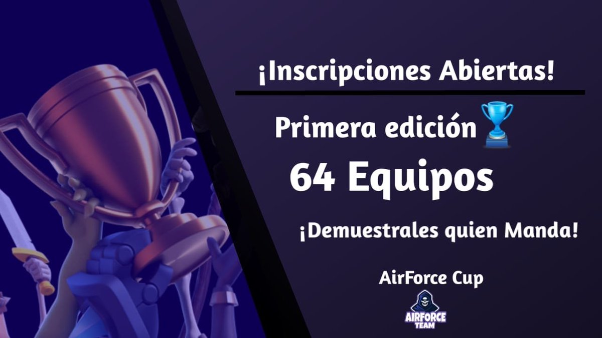 Primera Edición.🏆 64 equipos 1 solo Ganador. 

No dejes pasar esta oportunidad de demostrar de lo que está hecho tu equipo.⚔️

Requisitos: 
Dar RT/♥️ Y pedir 8 RT 
Seguir A: @TeamAirForce
Mandar pruebas al MD📩