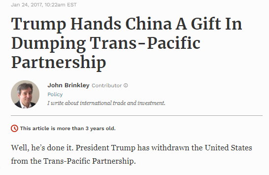 54/"Before Trump's election, many were looking forward to unlocking Asian markets through the Trans-Pacific Partnership, a 12-country trade agreement negotiated under the Obama administration. Trump withdrew from the treaty shortly after entering the White House."