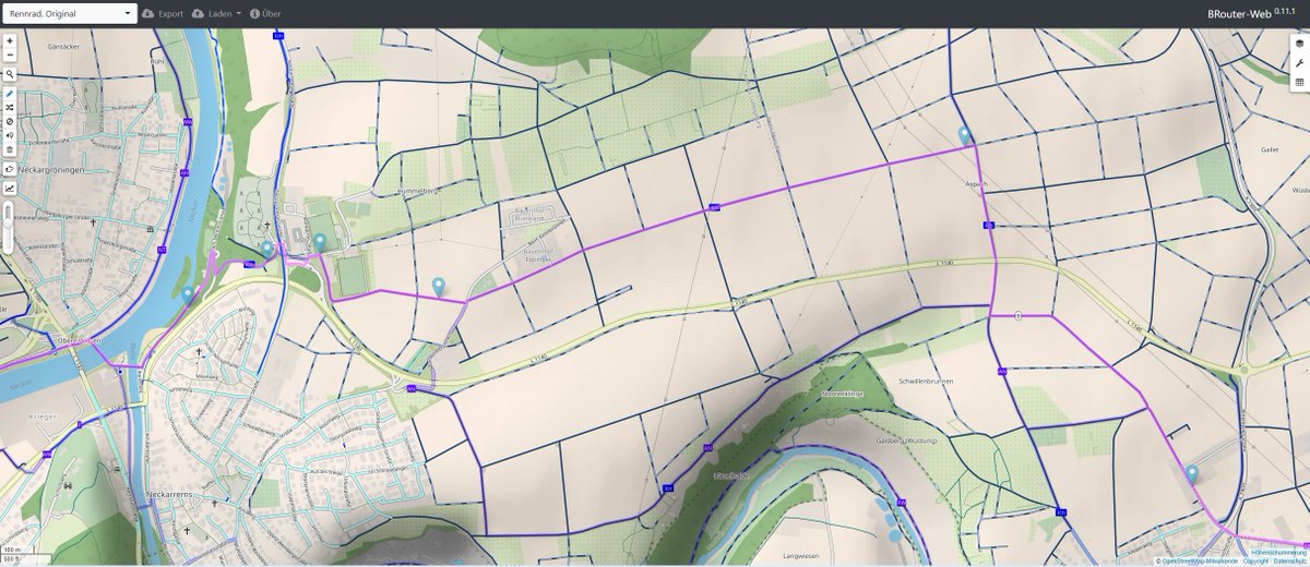 moritzw's tweet image. Today I planned my #roadbike tour with the @CyclOSMorg layer in #brouter. Fantastic way to see seperate bikepaths, surface type (striped = gravel) and national bikeroutes at one glance. Great work done by the @CyclOSMorg and #brouter team!