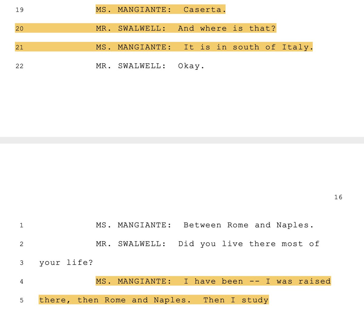 This part is wild: Swalwell asks where Mangiante is from. She says Caserta, which is a region just outside of Naples. Then she says was raised there, *then* Rome *and* Naples.But Naples and Caserta would both be essentially the same metro area... 