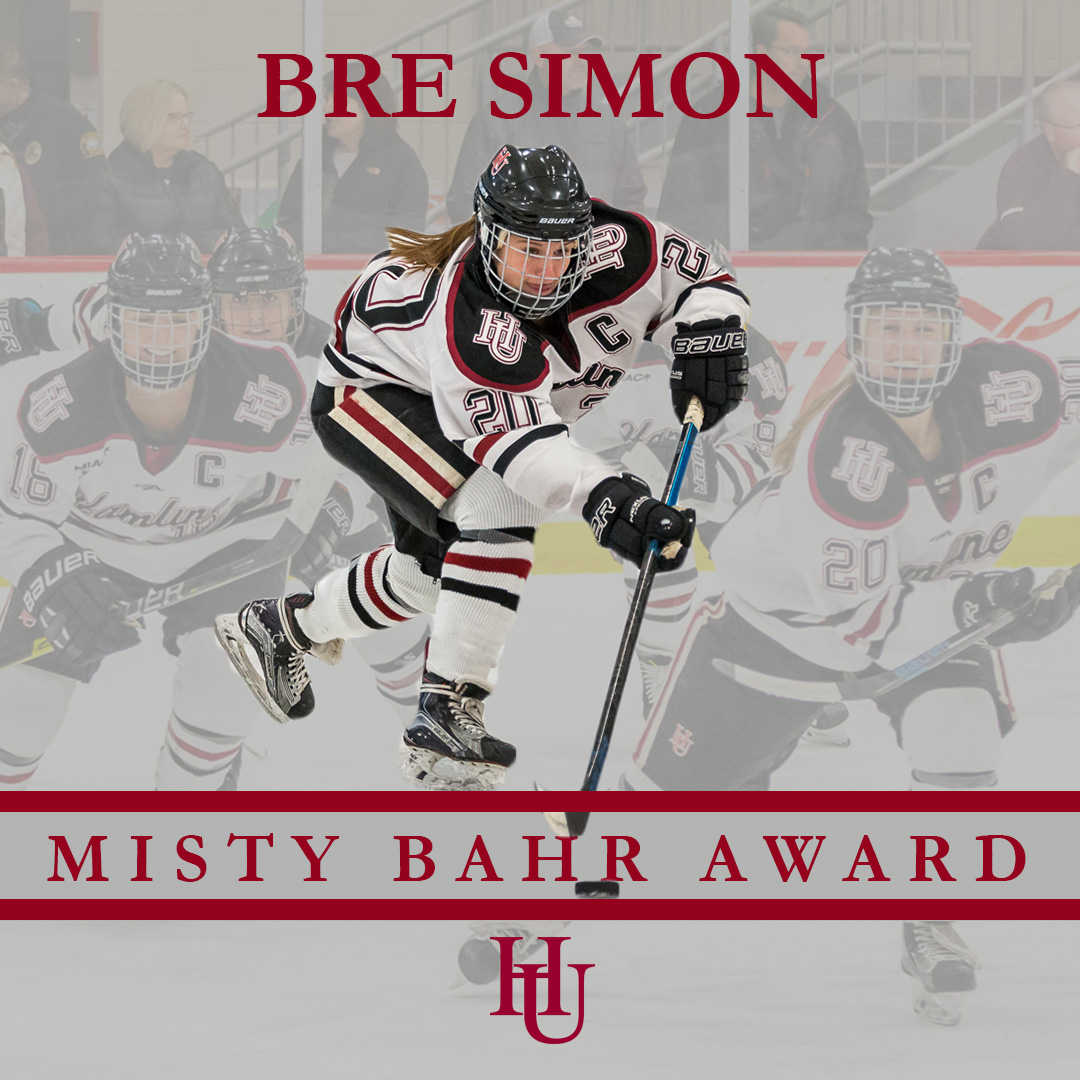 HUPipers's tweet photo. This year’s Misty Bahr Award winner is @HamlineWHockey’s Bre Simon!
 
-Three-time First Team All-American and four-time All-MIAC selection
-Shattered the HU school points record (185)
-Four MIAC Tourney and two NCAA Frozen Four appearances
 
#goHU https://t.co/ioeDP1dNDk