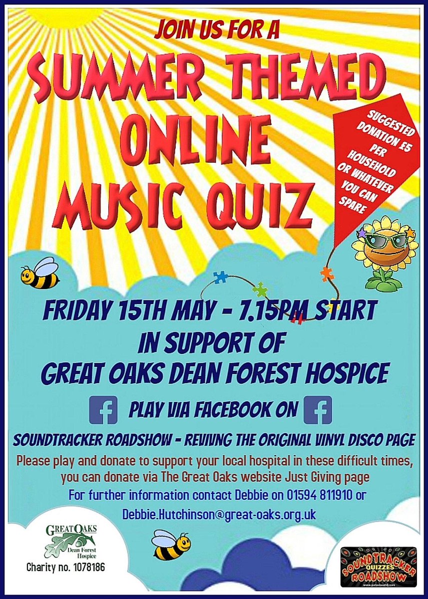 GreatOaksHosp's tweet photo. #Music #Quiz We would love you to take part in our #Friday #Lockdown Quiz where this weeks #theme will be #Summer. Cleverly written and #hosted by @petesteaddj on both #Twitch.tv  (search for Soundtrackerquizshow) and #Facebook 

#Hospice #Charity #Fundraiser #MusicQuiz https://t.co/29c1QVeyBl