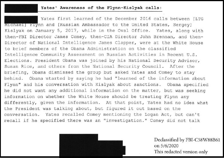 24. DAG Yates had no idea the content of the Flynn Kislyak call was captured; and she had no idea ODNI James Clapper had briefed President Obama about the call.