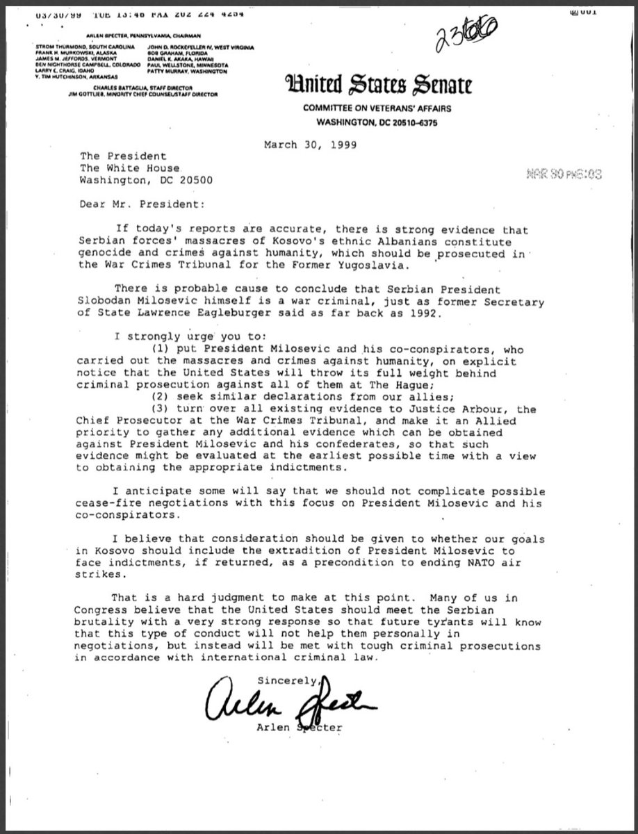 MelizaHaradinaj's tweet photo. On March 30 ‘99, , #US Senator #ArlenSpecter writes a letter to @BillClinton, urging a strong US response on #Milosevic’s genocide & crimes ag. humanity in #Kosovo & an Allied priority to criminally prosecute him in accordance with int’l crim law. Source: https://t.co/6dxPPA41Ur https://t.co/ZUPaTikIzD