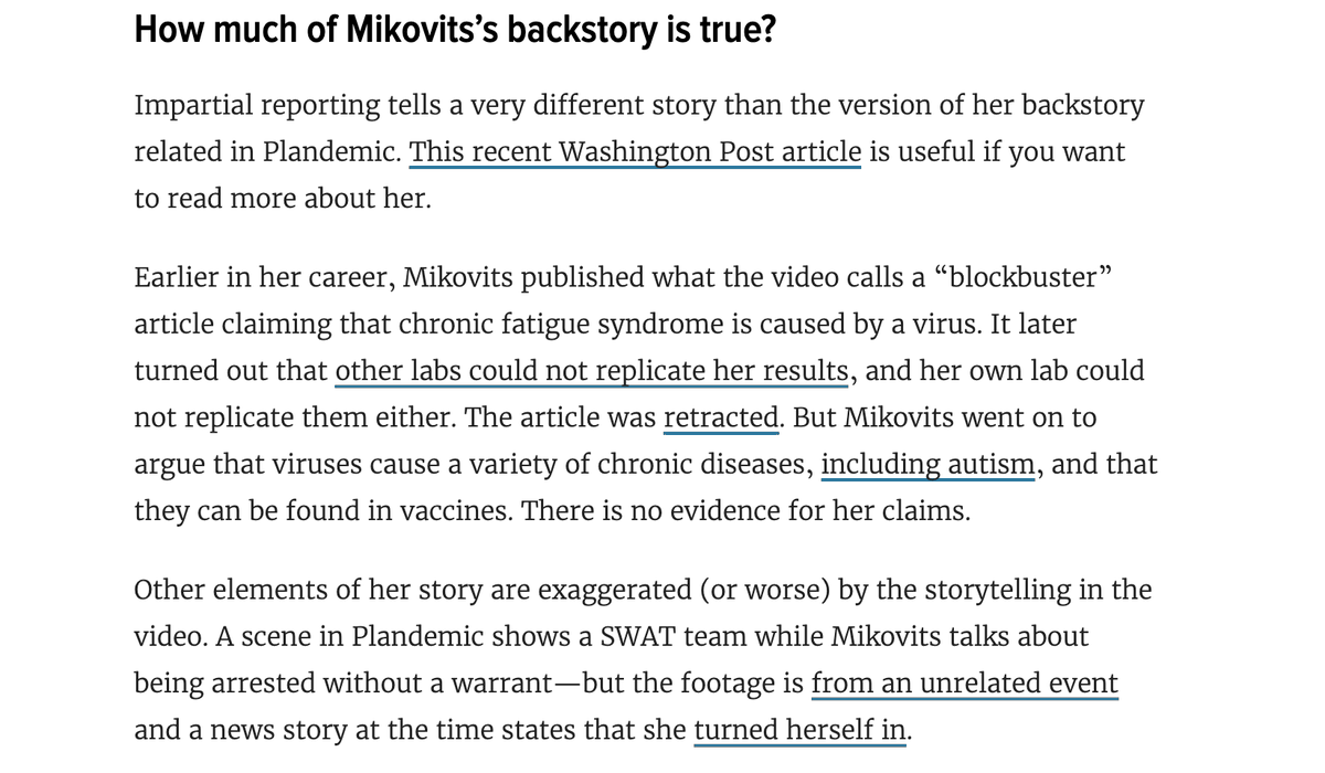 Some background on Judy Mikovits:• A study she co-wrote in 2009 couldn’t be corroborated by any other scientific research labs, and was thus retracted.• She claims this was a conspiracy to undermine her career as a scientist.  https://vitals.lifehacker.com/if-you-found-that-plandemic-video-convincing-read-th-1843339002