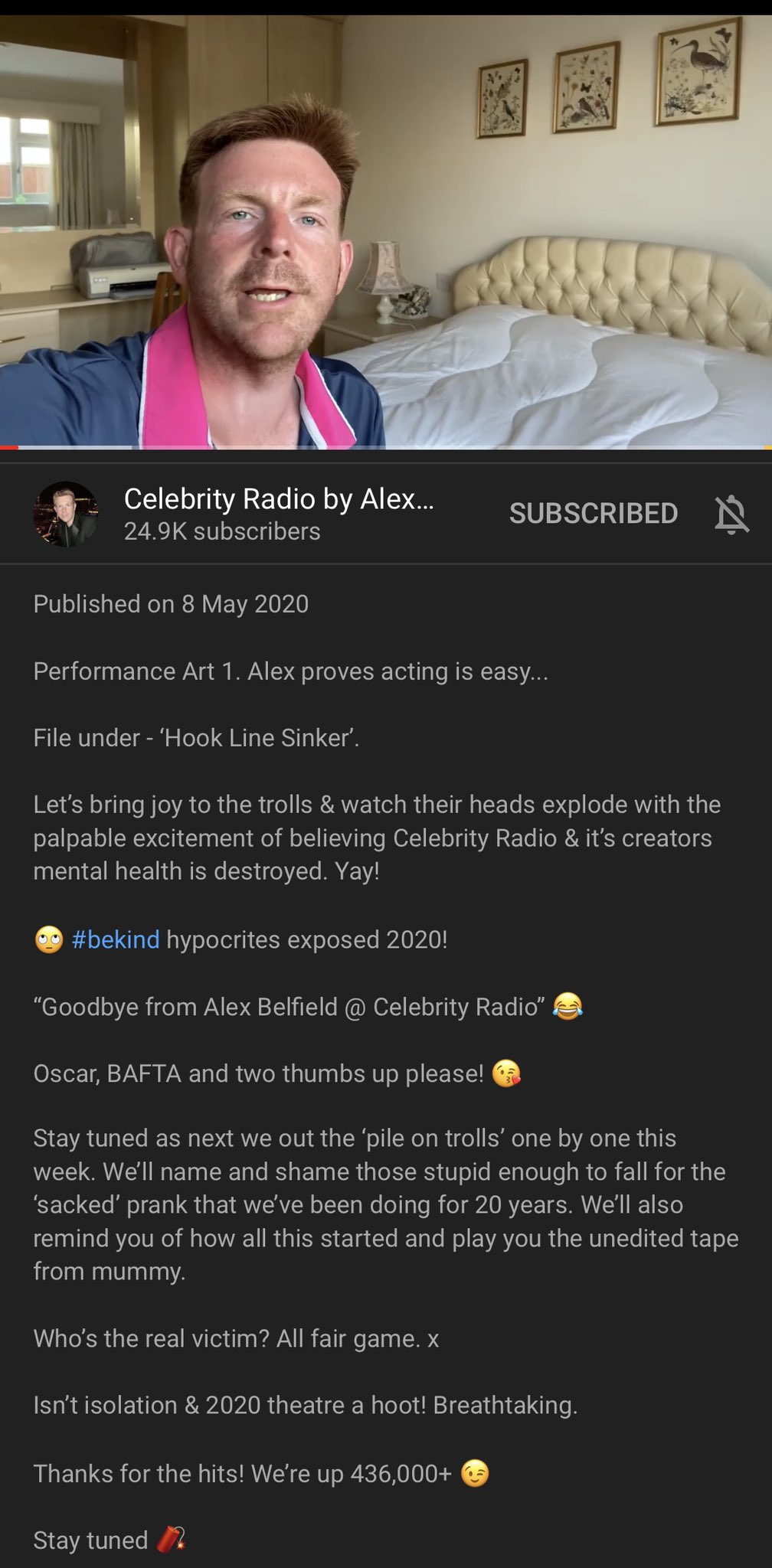 that stagey blog pa twitter on sunday 10th may alex belfield modified his goodbye video to include this new description acknowledging that this video was a hoax https t co jtlq0xunio twitter
