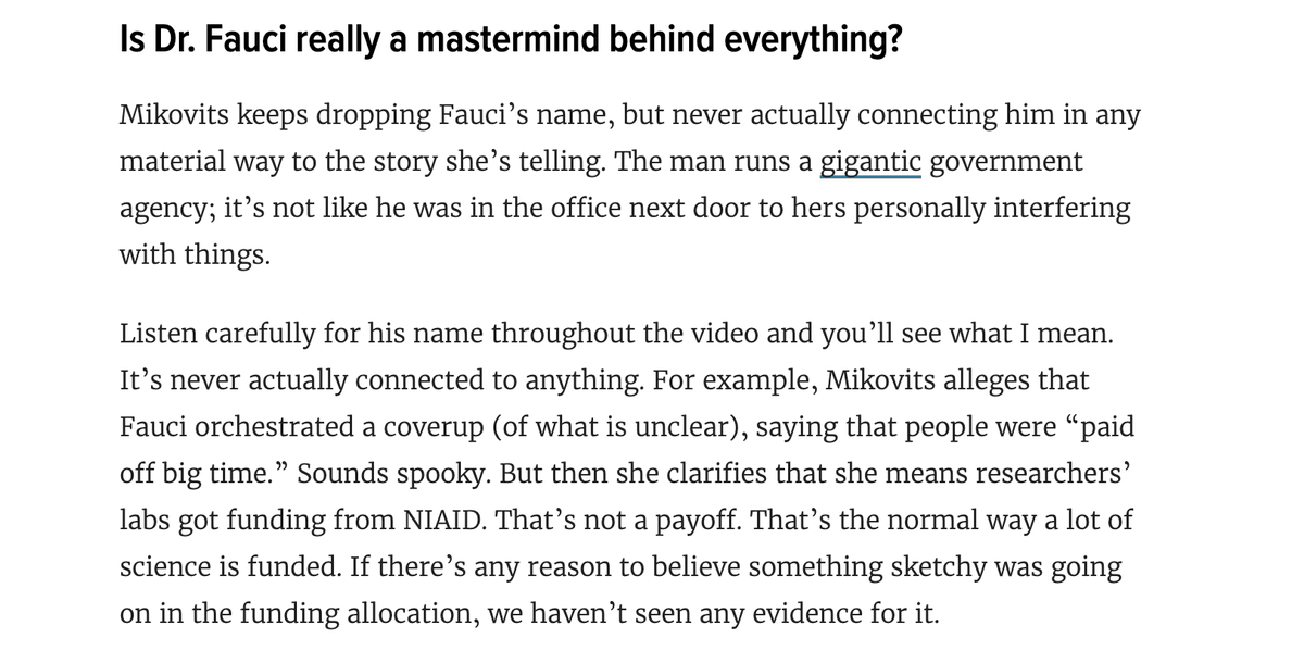 Also in  #Plandemic:• Bogus claim that the  #coronavirus was made artificially and would take “800 years of evolution” to form naturally.• Baseless claim that masks make people sick.• Vague accusations against Dr. Fauci, backed by ominous music.  https://vitals.lifehacker.com/if-you-found-that-plandemic-video-convincing-read-th-1843339002