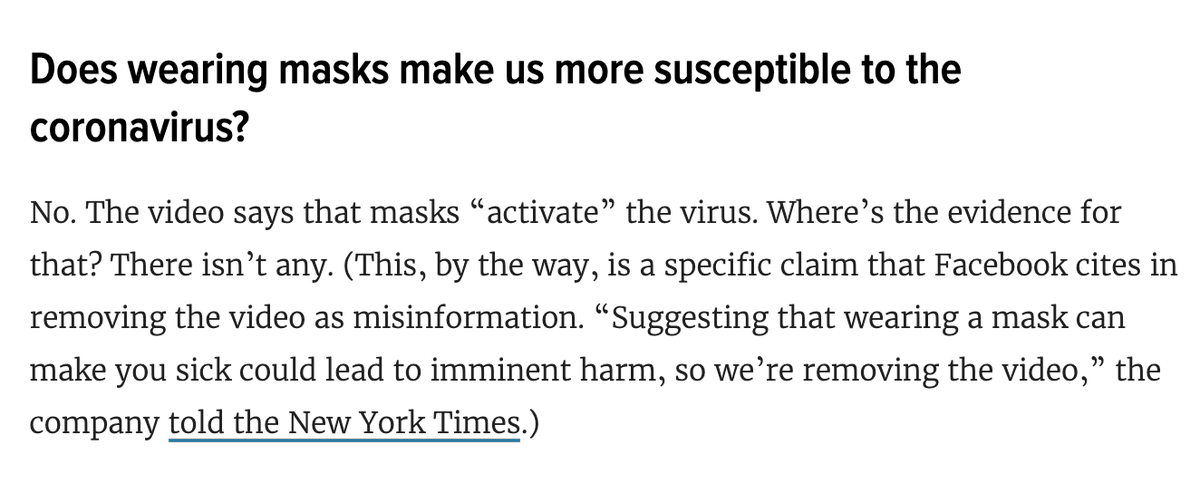 Also in  #Plandemic:• Bogus claim that the  #coronavirus was made artificially and would take “800 years of evolution” to form naturally.• Baseless claim that masks make people sick.• Vague accusations against Dr. Fauci, backed by ominous music.  https://vitals.lifehacker.com/if-you-found-that-plandemic-video-convincing-read-th-1843339002