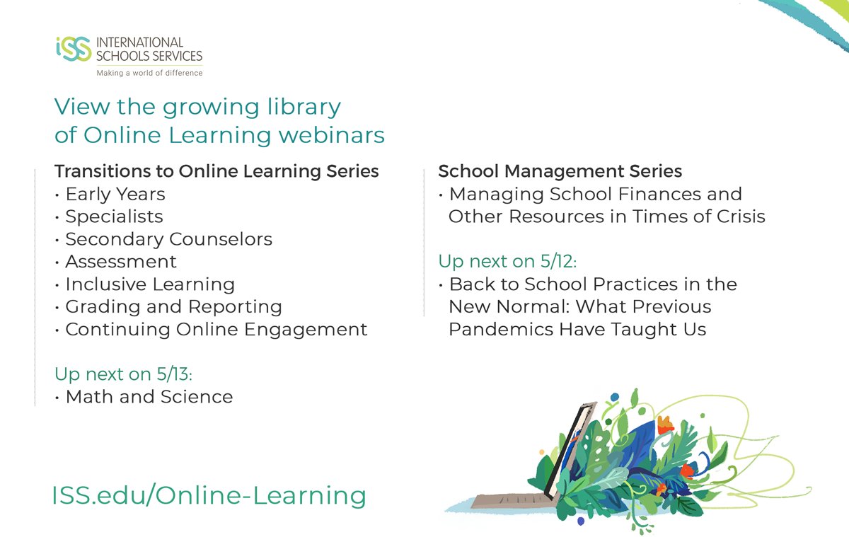 ISSCommunity's tweet photo. View the free library of #onlinelearning webinars, plus register for this coming week's 5/12 and 5/13 topics at: https://t.co/FPgbofQdpa Thank you to all the #intled panelists who have made these discussions possible! #ISSedu https://t.co/kZYRYQplxv