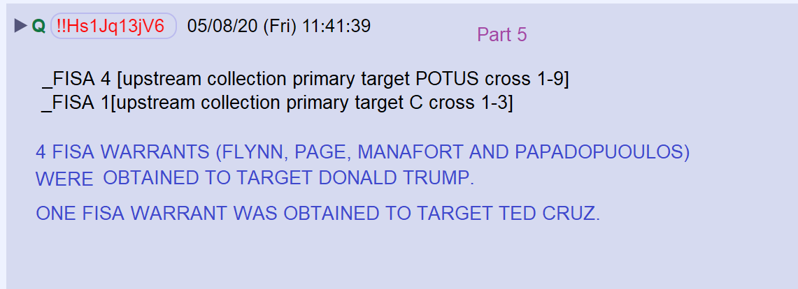 21) 4 FISA warrants were obtained to target the Trump presidential campaign.One was obtained to target the campaign of Ted Cruz.  #Obamagate