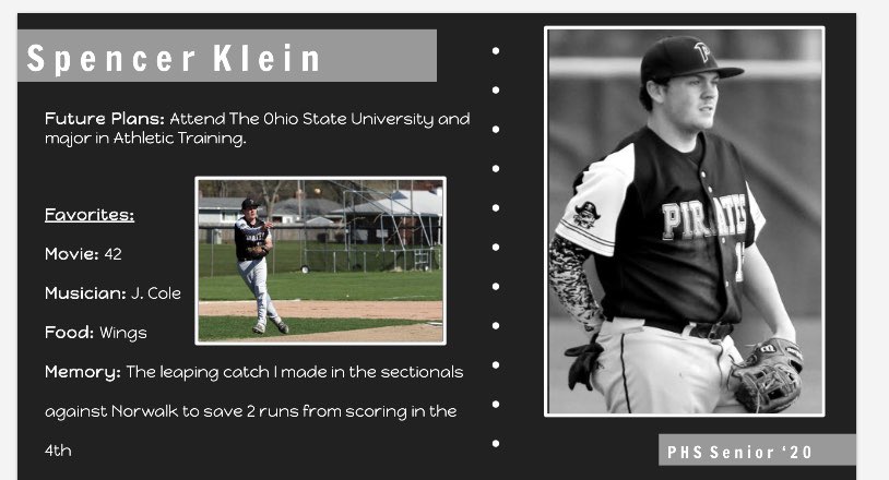 PerkHSbaseball's tweet photo. The 4th Senior Shoutout is our other Co-Captain, Spencer Klein. It’s been my pleasure watching Spence play baseball since his coach pitch days. His baseball IQ is off the charts! #FieldRat @PerkinsHigh https://t.co/ATNkJ1ipxW