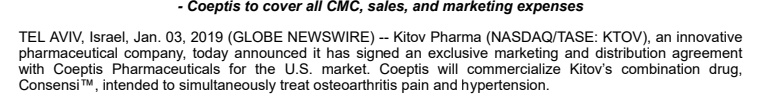 thereby lowering overall health care costs.KTOV sold the commercialization to coeptis… they just sit back and BANK “Coeptis will commercialize Kitov’s combination drug, Consensi™, intended to simultaneously treat osteoarthritis pain and hypertension.”