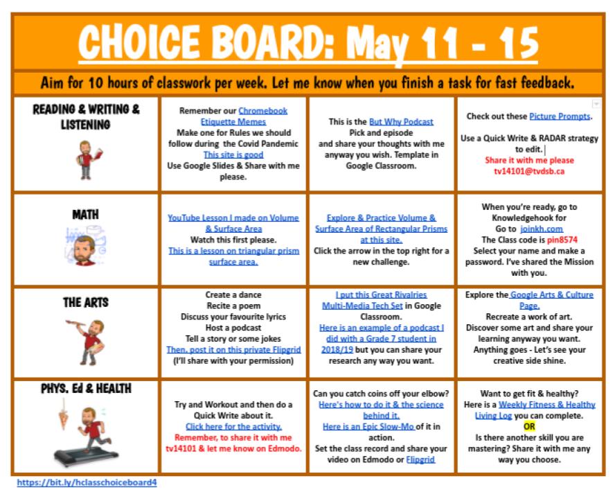 Mr_H_Teacher's tweet photo. #ChoiceBoard for the upcoming week is done.
Sharing it with #HClass203 @EastCarlingPS @TVDSB shortly.

Feel free to copy and remix.

https://t.co/0ufUc8UXTN https://t.co/IeddAizPz9
