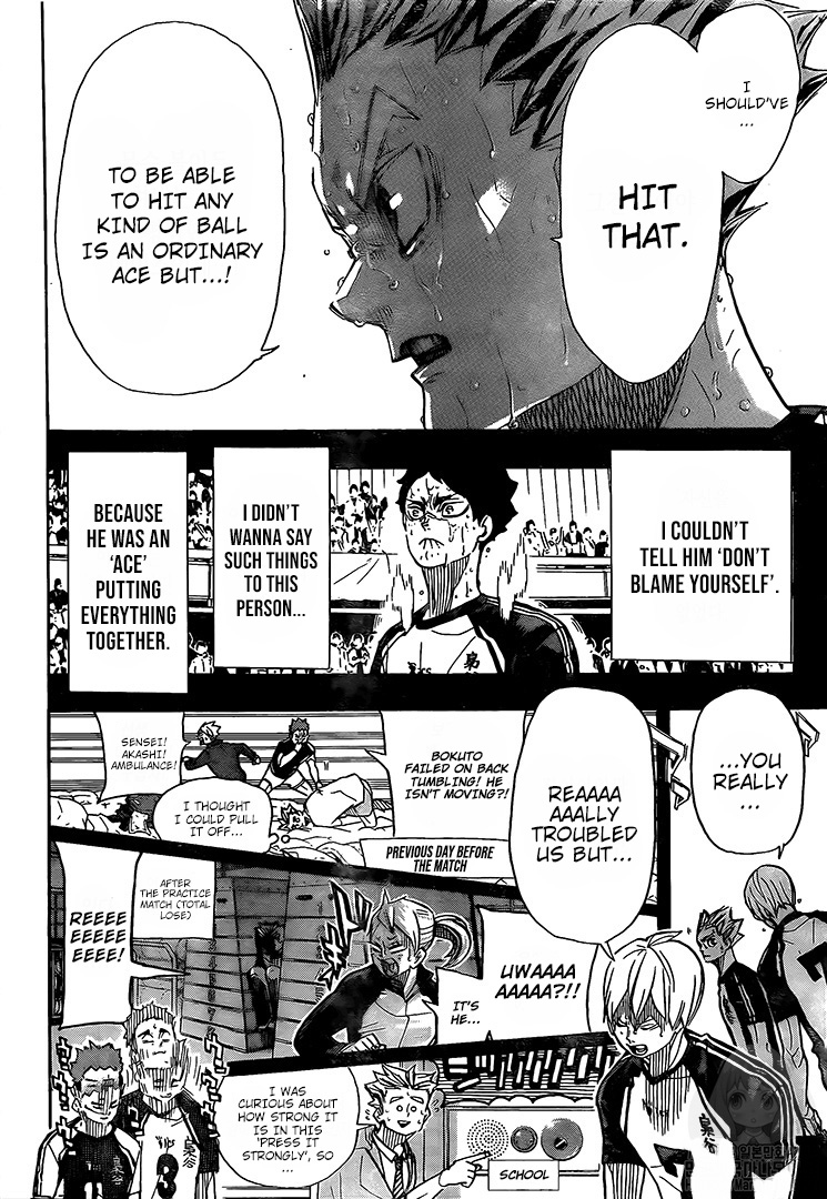 Darn, at least let the winning team be someone we know so we could be happy for them. And the fact that Bokuto's last hit wasn't even Akaashi's toss. I'm so gutted. But then again, Haikyuu!! was never about winning. It's about growth through defeat. Such a rollercoaster chapter. 