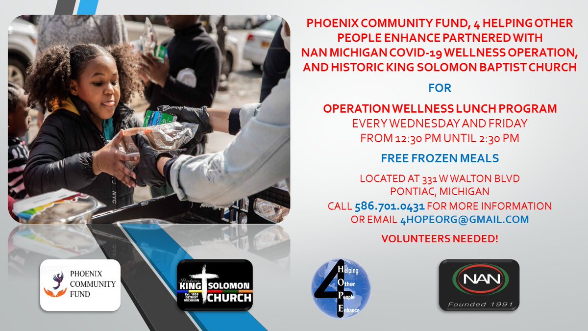 Please join our coalition to eradicate hunger in Oakland County. Starting May 13th, we will be distributing frozen meals every Wednesday and Friday from 12:30 p.m. until 2:30 p.m.