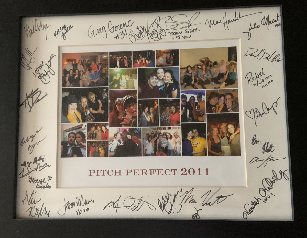 ShelleyRegner's tweet photo. One more for the @PitchPerfect fandom. I gave everyone a collage frame as a PP wrap gift. This was the one I made for myself & had everyone sign. Still sits up in my room today. @POPSUGAR #PitchPerfectAtHome https://t.co/tesoPRnSW7