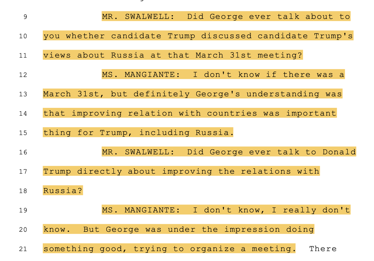 Mangiante is emphatic - George Papadopoulos, hanging out with what appears to be a Russian spy front, is there to improve relations with Russia *during the campaign.*