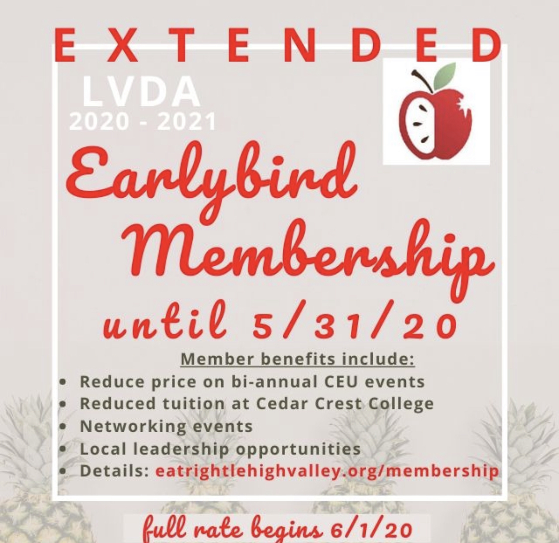 EatRightLV's tweet photo. Take advantage of early bird membership rates for the 2020-2021 LVDA membership year.  Why join the LVDA? 
✔️Member pricing for CEU events
✔️Networking events
✔️Leadership opportunities

Register here today: https://t.co/MDDozS3MA1 https://t.co/UVA4ZUiuQT