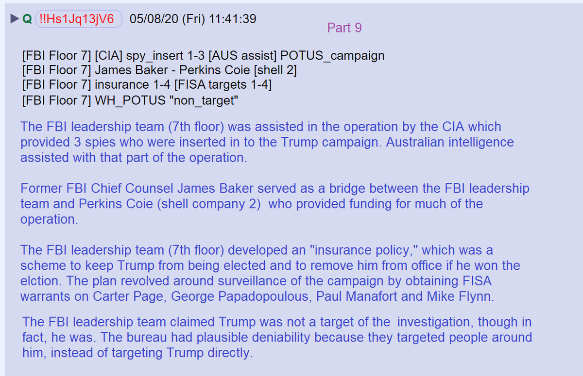 26) FBI inserted spies into the Trump campaign. James Baker coordinated between FBI & Perkins Coie. FBI's insurance policy was intended to keep Trump out of the White House. So that the FBI could claim they weren't targeting Trump, they targeted people in his sphere of influence.