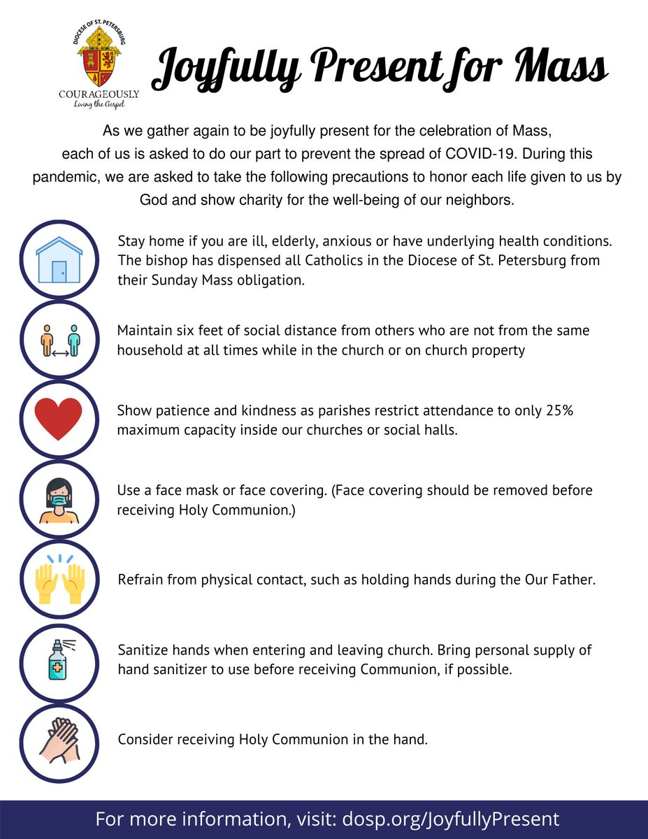 DioStPete's tweet photo. If you will be attending daily Mass in person starting tomorrow, May 11, please be patient and show charity for the well-being of our neighbors. Find more info at https://t.co/gjEl8fx9DH. #courageouslyliving #unitedinChrist #sharingJesusnotgerms https://t.co/aLXKva8hrD