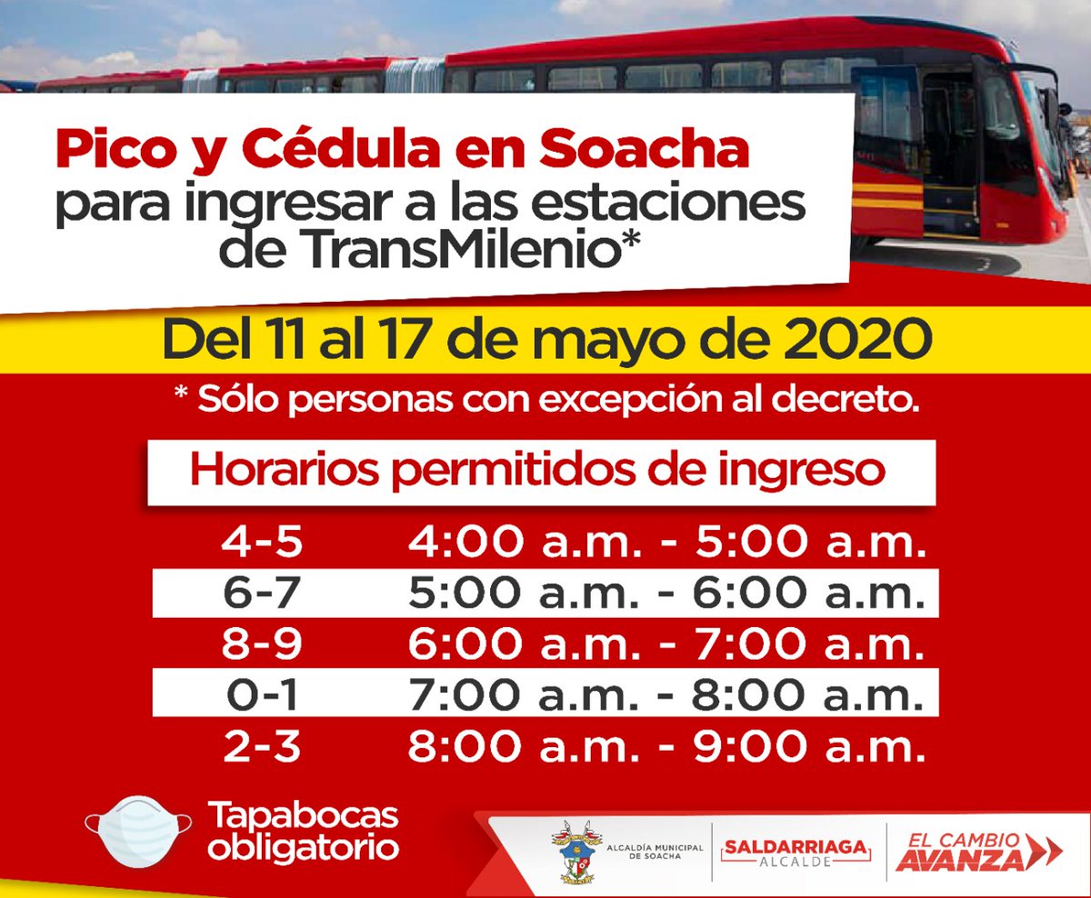 JazminOlarteG's tweet photo. #Soacha
Horarios 🕕 de Pico y Género establecidos por la @Alcaldia_Soacha que regirán del 11 al 17 de mayo.
✔️Habrá Toque de Queda🚫 todos los días de 6 de la tarde🌃 a 4 de la mañana🌇.
📍Tener en cuenta el Pico y Cédula para el ingreso a #Transmilenio.
@PartidoMIRA https://t.co/kvYe2VPp17