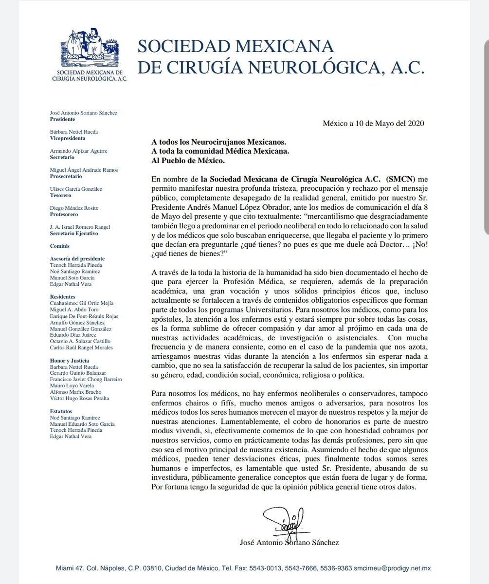 #COVID2019. Sociedad Mexicana de cirugía neurológica. #respetoalmedico