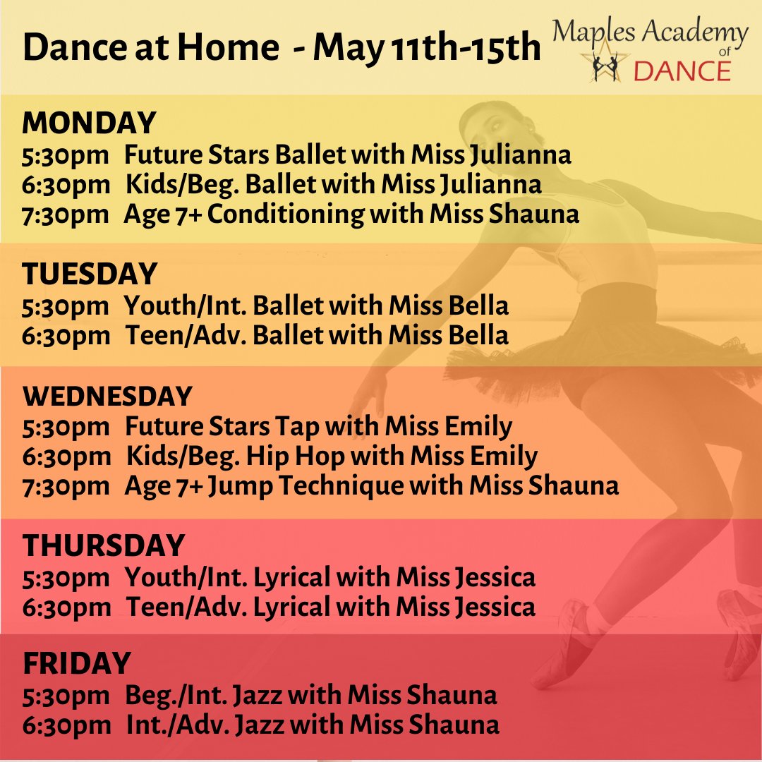 MaplesDanceWpg's tweet photo. Check it out! It's your week 2 Dance at Home Schedule. So many awesome classes available each week! #Danceathome #MADstrong #WinnipegDanceCommunity #WinnipegDance #Dance #Superstars https://t.co/VcIIHPh3WJ