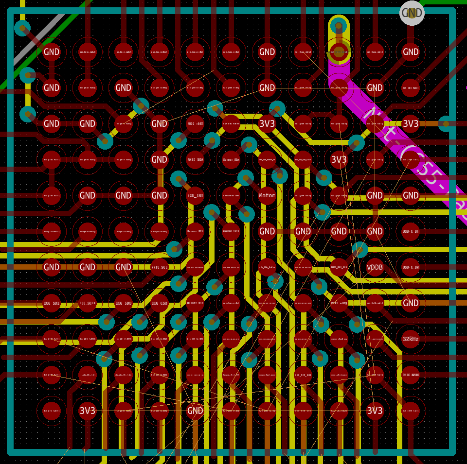 March 17: The  @card10badge layout is a heap of components and mainly used to figure out what kind of PCB technology will be needed. It turns out that a 4 layer PCB with laser drilled 300 um microvias will be enough for the 0.65 mm pitch MCU as well.