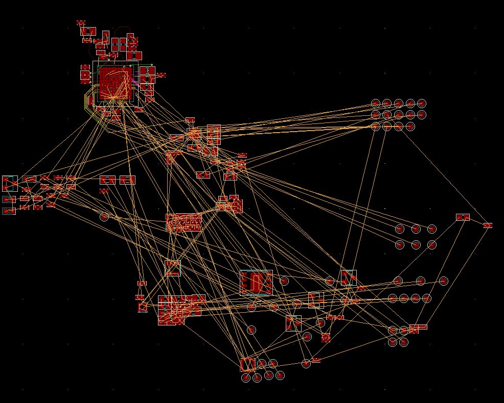 March 17: The  @card10badge layout is a heap of components and mainly used to figure out what kind of PCB technology will be needed. It turns out that a 4 layer PCB with laser drilled 300 um microvias will be enough for the 0.65 mm pitch MCU as well.