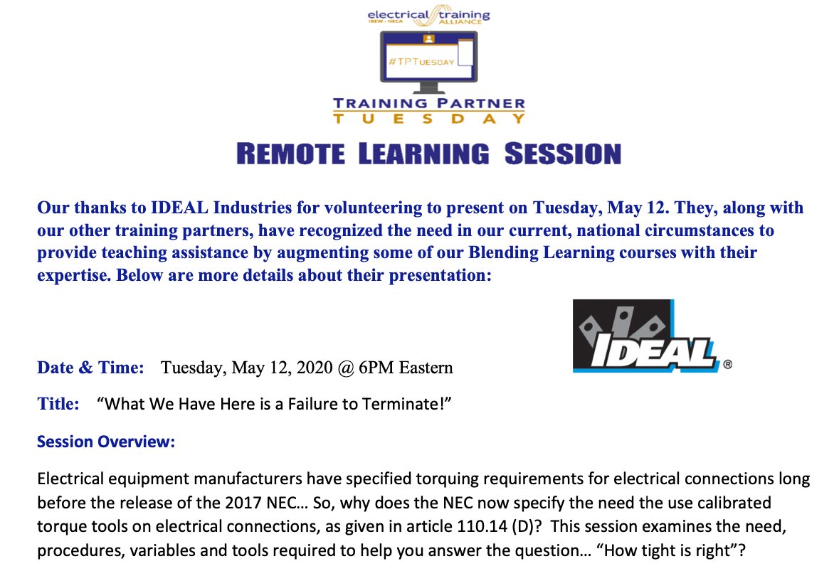 IBEWNECAetA's tweet photo. Just a reminder about our next #TPTuesdayRemoteLearningSession on Tuesday, 5/12, with IDEAL Industries @ideal_sycamore. Registration info can be found in the Blended Learning Blog. See you soon! #etATraining #GettingThruThisTogether https://t.co/UdpRJiNO8h