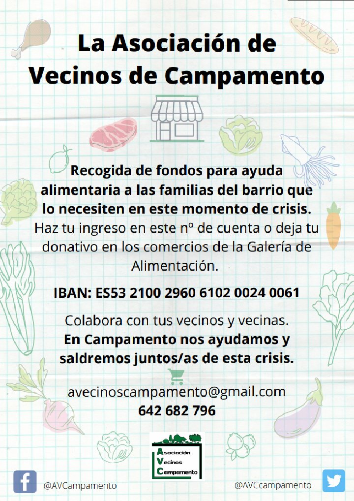 AVCcampamento's tweet photo. La crisis económica/social  afecta a muchas familias, por ello, la AVCampamento está apoyando a las familias de nuestro barrio con una ayuda alimentaria en colaboración con los comerciantes del mercado. Necesitamos la colaboración de los vecinos/as para llegar a más familias. https://t.co/JnzRsGycMQ