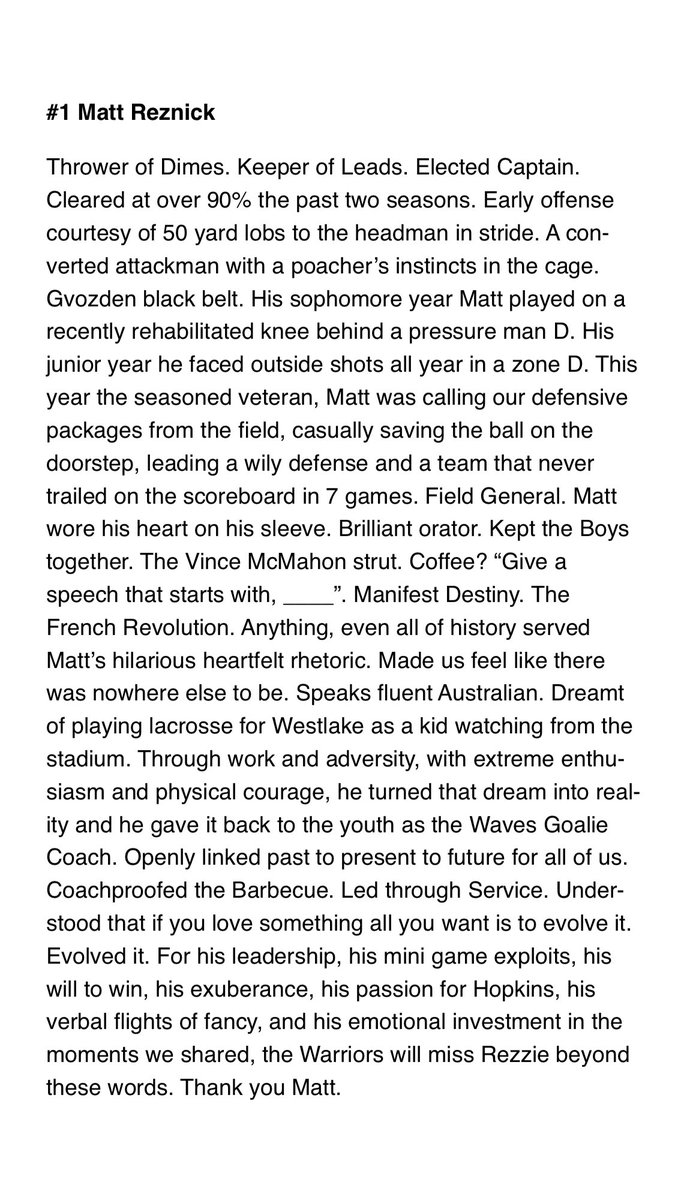 Westlake_Lax's tweet photo. We interrupt the celebration of Mother’s everywhere to spotlight our last Senior, Goalie and Captain, Matt Resnick @mattreznick. A leader on the field and off, he also coached the @WestlakeWaves Goalies. https://t.co/W85673xNyx