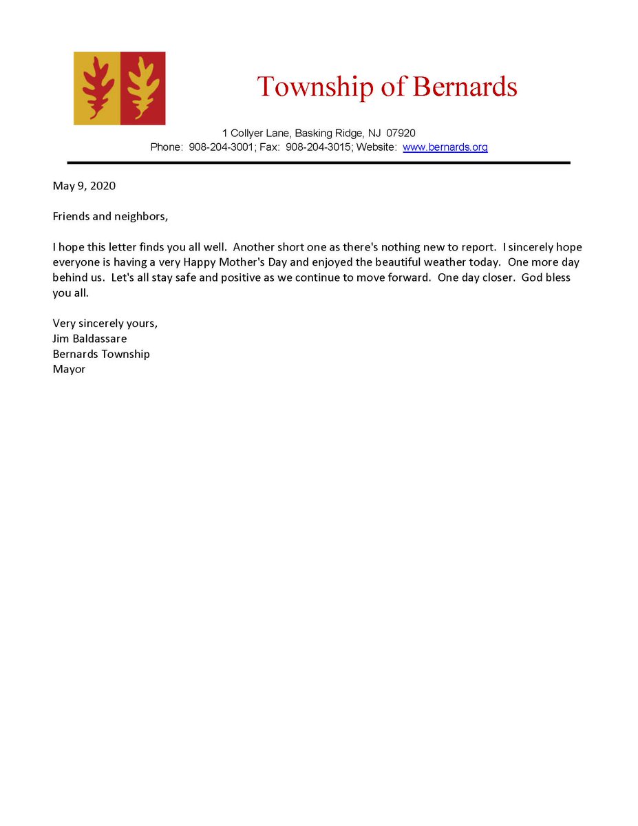 MAYOR JAMES BALDASSARE'S LETTER TO THE RESIDENTS - MAY 10, 2020