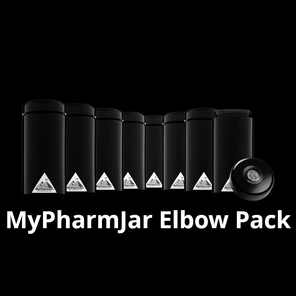 MyPharmJar Elbow Pack, 8 jars that holds 1 Lb of dried Cannabis. UV Science glass that has 53 different rare earth elements including gold. Ditch ineffective clear glass and start storing organically