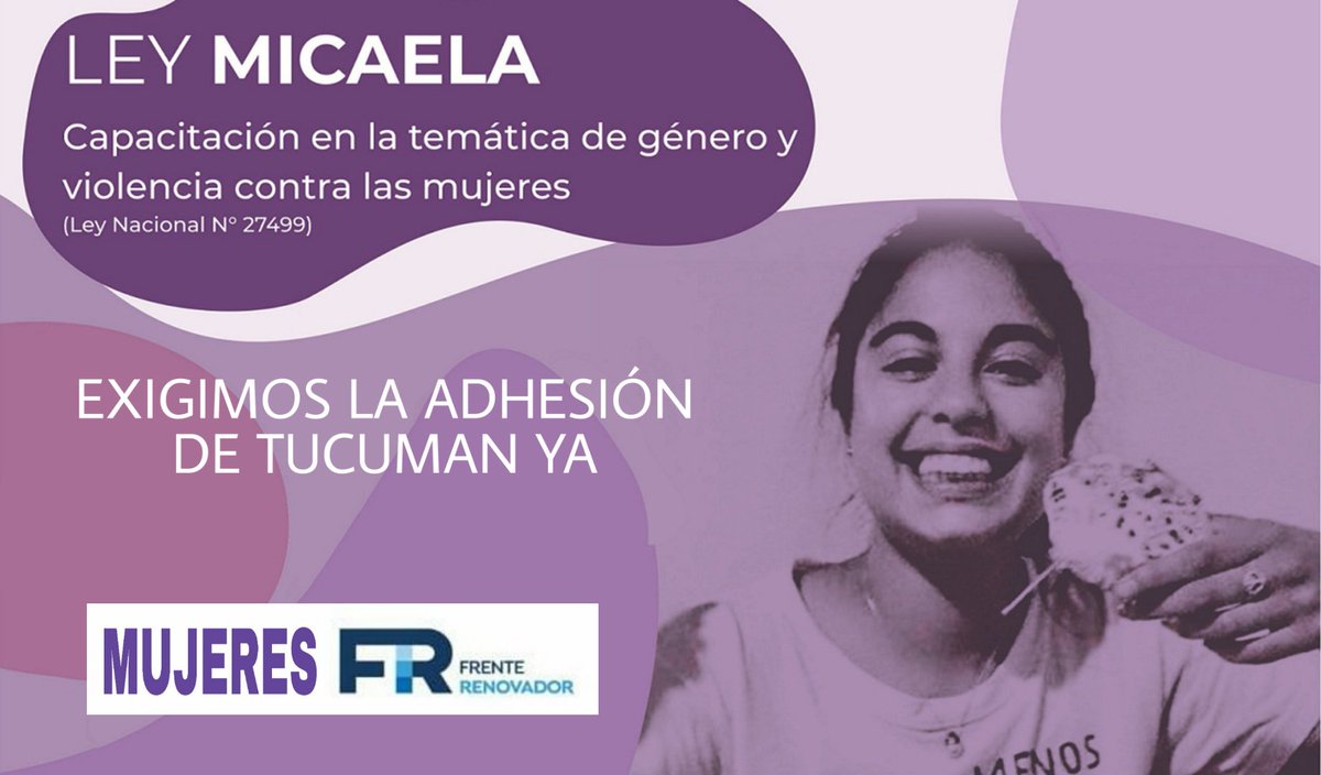 NadiaCiabattari's tweet photo. #Tucuman es la única provincia que aún no ha adherido a la #LeyMicaela
Desde el movimiento de #MujeresFR
exigimos su adhesión y pronta implementación efectiva ya!!
Basta de vulnerar nuestros derechos.
@MalenaMassa
@MinGenerosAR
@EliGAlcorta @alferdez https://t.co/wG5DvBJMlV