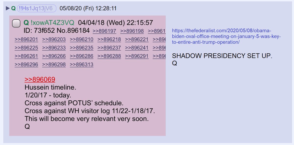 35) Q previously asked anons to examine the timeline of actions carried out by Barack Obama from November 2017 until the present and cross-reference them with President Trump's actions.