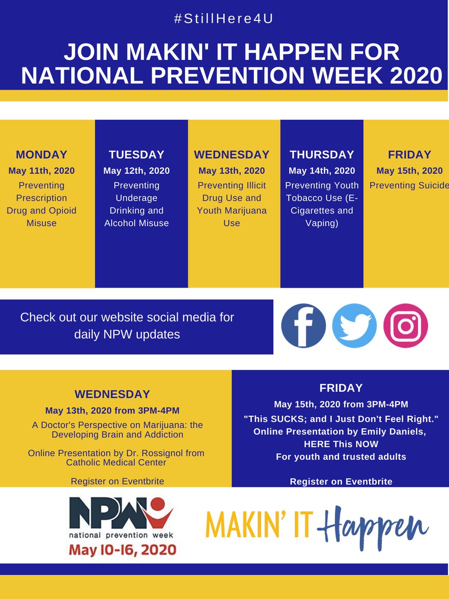 MakinitHappenGM's tweet photo. Join Makin' It Happen as we recognize @samhsagov #NationalPreventionWeek2020 #NPW.  Starting tomorrow we will highlight topics on our blog and social media.  We hope you share our blogs, posts and invite your friends to like our page.  Help spread the word  #StillHere4U https://t.co/Rlm1K4unwG