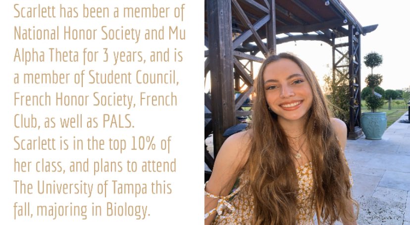 Senior Spotlight- Scarlett Hanvey 

Scarlett, like her twin, is a first year PAL student. To know her is to love her. Kind, respectful and accepting of all comes to mind when thinking of Scarlett. 

She’s off to <a href="/UofTampa/">The University of Tampa</a> with her sister where they will study Biology.