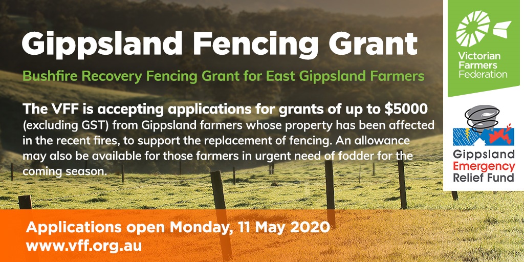 We’re now accepting applications from #EastGippsland farmers to access grants to rebuild lost or damaged fences in the recent bushfires. Click here for more information 👉 bit.ly/3ccLDSO <a href="/FundGippsland/">Gippsland Emergency Relief Fund</a> #vicfarmers
