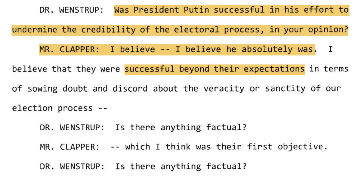 WENSTRUP: Was Putin successful?CLAPPER: Hell yes.WENSTRUP: But you can't prove it.CLAPPER: Wha?