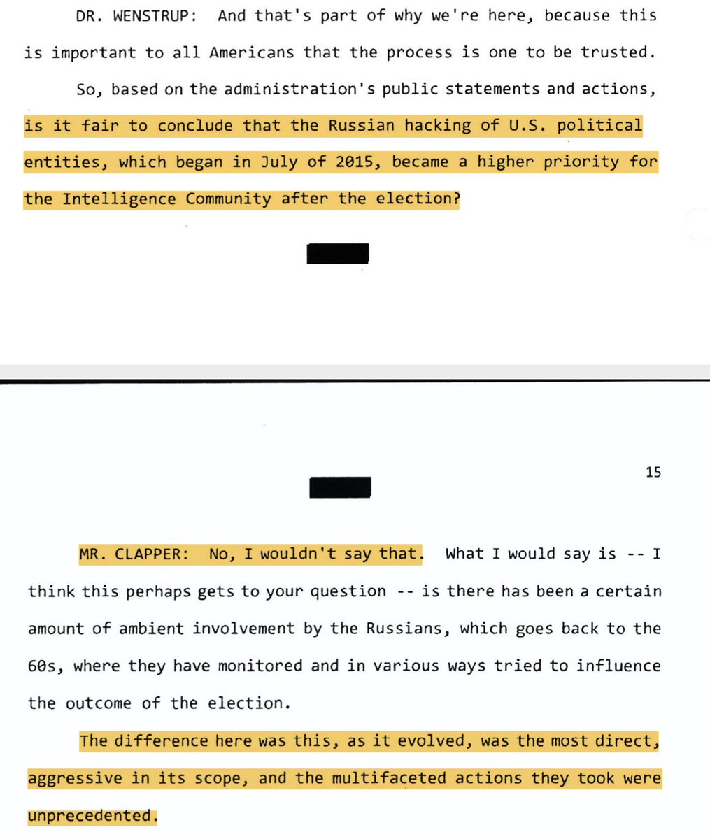 WENSTRUP: So basically, the Intelligence Community Deep State is only sore because TRUMP won. MAGA!!!!CLAPPER: No. It was more that Russia has attacked our elections for decades, and this time it was an all-out assault with help from traitors. That was the theme for us.