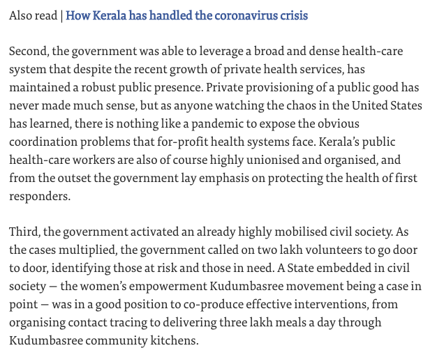 States that eradicated virus did it by community participation. Social democracy is about collectively solving new problems. "Taming a pandemic & rapidly building out a massive safety net is fundamentally about the relation of the state to its citizens"  https://www.thehindu.com/opinion/lead/a-virus-social-democracy-and-dividends-for-kerala/article31370554.ece
