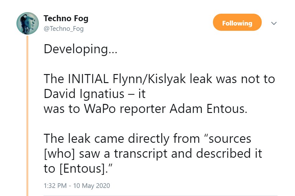 47) More news about General Flynn and  #Obamagate.It was not David Ignatius who first received reports about General Flynn's calls to Ambassador Kislyak.Adam Entous received the first tip about the calls.  #Obamagate https://twitter.com/Techno_Fog/status/1259582006784032770