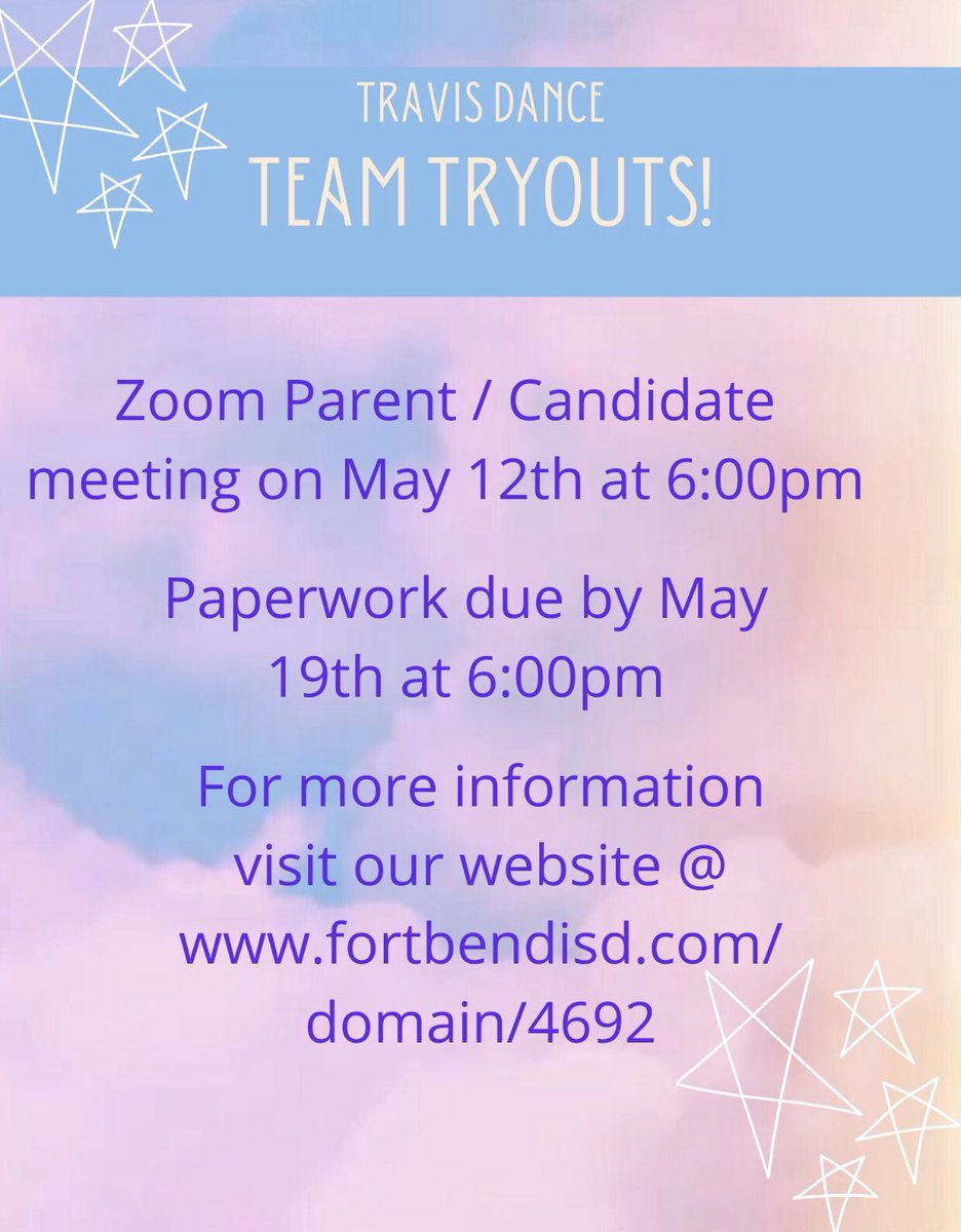 Join the Travis Dance Team Family - Varsity Belles / JV / Freshamn Dance Team!!! An informational tryout meeting for all parents AND candidates this Tuesday, May 12, 6pm...log in with your camera on by 5:45pm. Zoom Link: us02web.zoom.us/j/9266862148?p… <a href="/THS_Tigers/">Travis High School</a>