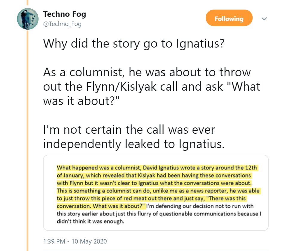 49) David Ignatius wrote an opinion column on the Flynn-Kislyak calls to stir up suspicion that Flynn was involved in questionable discussions with a Russian. #Obamagate